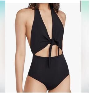 Mara Hoffman Maddy Tie-Front Cutout One-Piece Halter Black Swimsuit XS